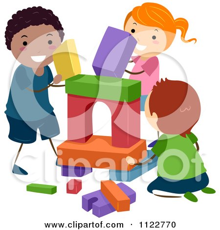 Cartoon Of Happy Diverse Kids Playing With Building Blocks - Royalty Free Vector Clipart by BNP Design Studio