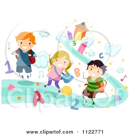 Cartoon Of Happy School Kids On A Path Of Crayons Clouds Numbers And Letters - Royalty Free Vector Clipart by BNP Design Studio
