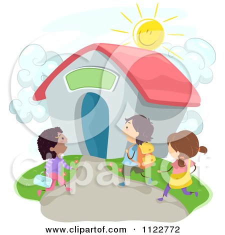 Cartoon Of Enthusiastic Diverse School Children Walking To A Building - Royalty Free Vector Clipart by BNP Design Studio