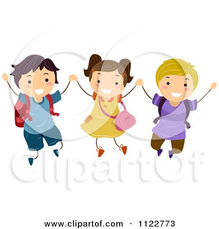 Cartoon Of Excited School Children Holding Hands And Jumping - Royalty Free Vector Clipart by BNP Design Studio