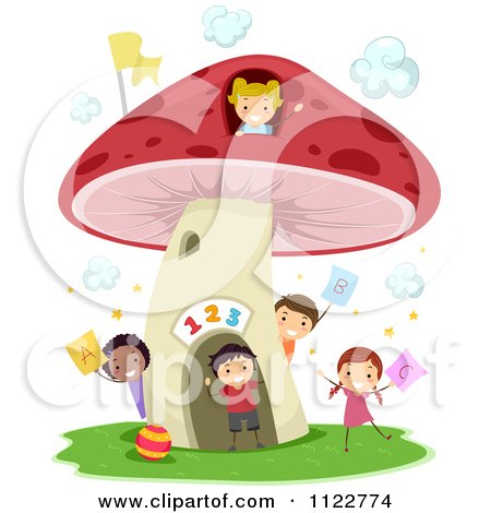 Cartoon Of Happy Diverse School Children With Numbers At Letters At A Mushroom House - Royalty Free Vector Clipart by BNP Design Studio