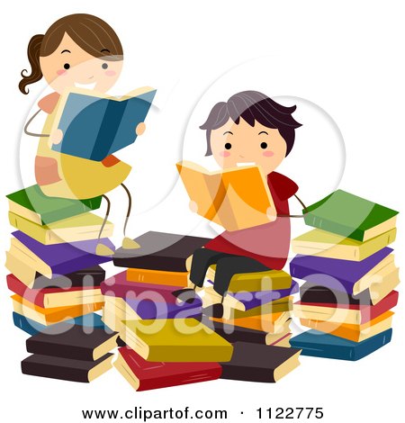 Cartoon Of Children Reading in a Book Pile - Royalty Free Vector Clipart by BNP Design Studio