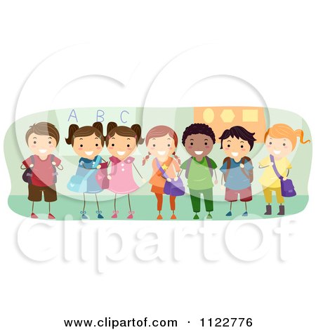 Cartoon Of Happy Diverse School Kids Standing In A Class Room - Royalty Free Vector Clipart by BNP Design Studio
