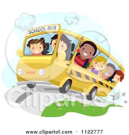 Cartoon Of Happy Diverse School Children On A Bus - Royalty Free Vector Clipart by BNP Design Studio