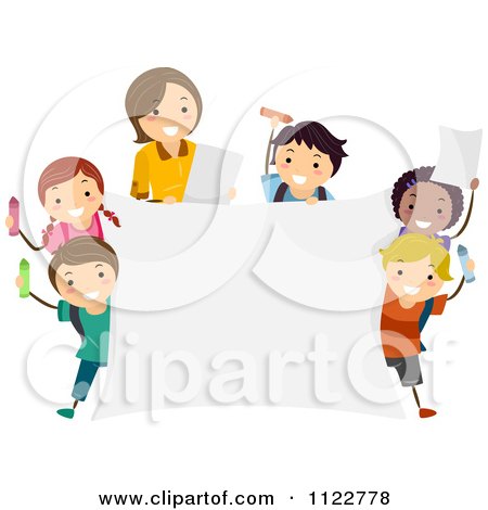 Cartoon Of A Woman And Diverse Kids Ready To Color A Banner - Royalty Free Vector Clipart by BNP Design Studio
