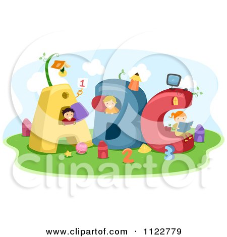 Cartoon Of School Children Playing In Big Letters - Royalty Free Vector Clipart by BNP Design Studio