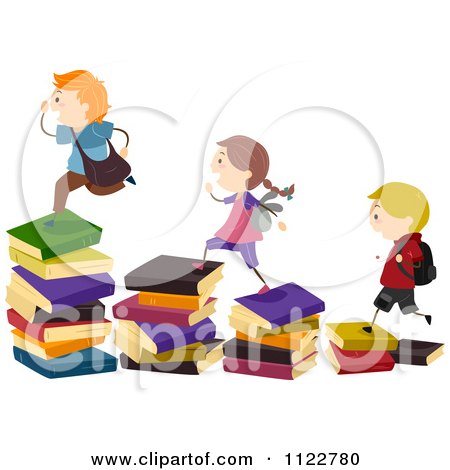 Cartoon Of |Energetic School Children Running Up Stairs Of Books  Royalty Free Vector Clipart by BNP Design Studio
