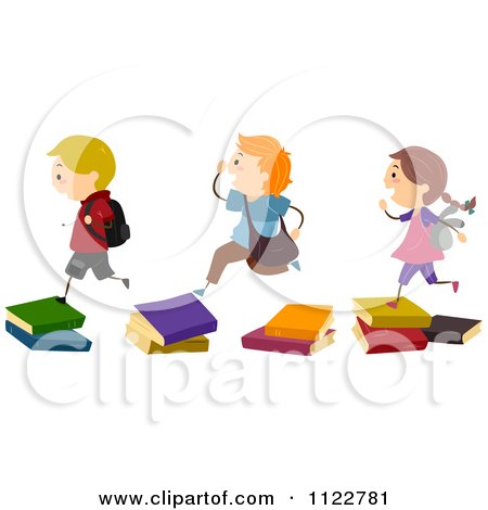 Cartoon Of |Energetic School Children Running Over Stepping Stones Of Books  Royalty Free Vector Clipart by BNP Design Studio