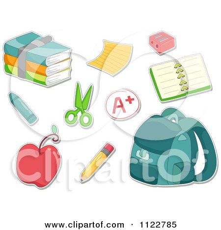 Cartoon Of A Stack Of Books Paper Organizer Pencil Sharpener Crayon Scissors Apple And Book Bag - Royalty Free Vector Clipart by BNP Design Studio