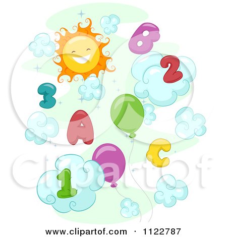 Cartoon Of A Happy Sun In The Sky With Balloons Numbers And Letters - Royalty Free Vector Clipart by BNP Design Studio