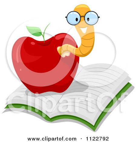 Cartoon Of A Happy Nerdy Worm In An Apple On A Book - Royalty Free Vector Clipart by BNP Design Studio