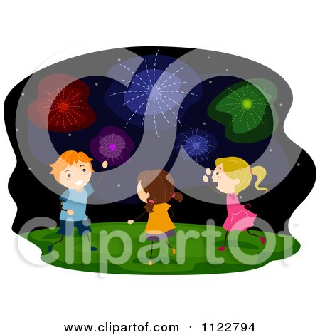 Cartoon Of Happy Children Watching Fireworks - Royalty Free Vector Clipart by BNP Design Studio