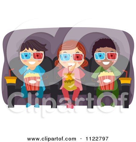 Cartoon Of Happy Diverse Kids With Drinks And Popcorn In A 3d Movie - Royalty Free Vector Clipart by BNP Design Studio