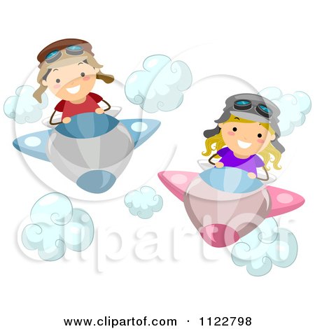 Cartoon Of A Boy And Girl Flying Airplanes - Royalty Free Vector Clipart by BNP Design Studio