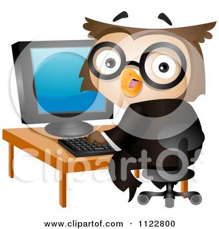 Cartoon Of A Business Owl Using A Desktop Computer - Royalty Free Vector Clipart by BNP Design Studio