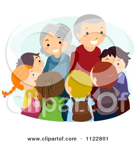 Cartoon Of A Group Of Happy Kids Around Their Grandparents - Royalty Free Vector Clipart by BNP Design Studio