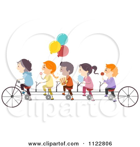 Cartoon Of Happy Children With Snacks On A Tandem Bike - Royalty Free Vector Clipart by BNP Design Studio