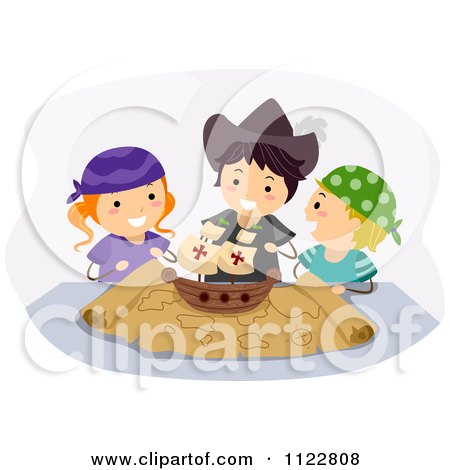 Cartoon Of Happy Columbus Day Children Playing With A Boat On A Map - Royalty Free Vector Clipart by BNP Design Studio