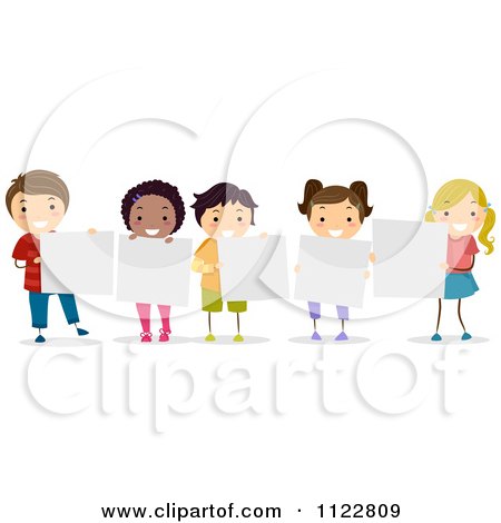 Cartoon Of Happy Diverse Kids Holding Blank Boards - Royalty Free Vector Clipart by BNP Design Studio
