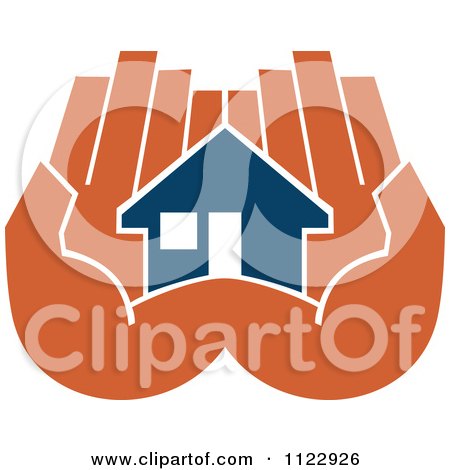 Clipart Of A Blue House In An Orange Hand 3 - Royalty Free Vector Illustration by Vector Tradition SM