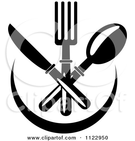 Clipart Of Black And White Silverware Over A Plate - Royalty Free Vector Illustration by Vector Tradition SM