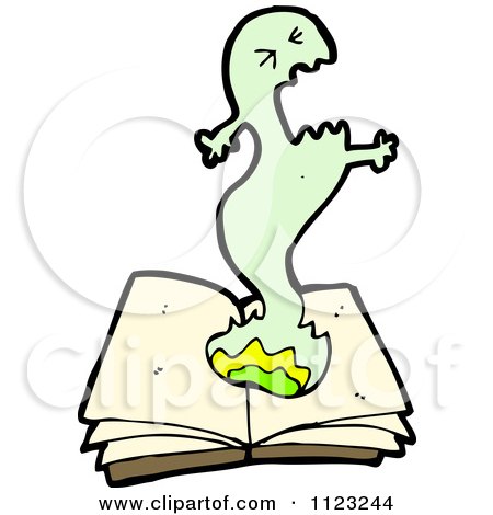 Fantasy Cartoon Of A Green Ghost In A Book - Royalty Free Vector Clipart by lineartestpilot