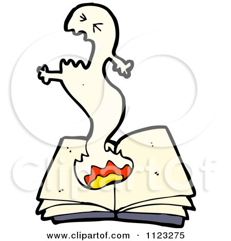 Fantasy Cartoon Of A Ghost Over A Book - Royalty Free Vector Clipart by lineartestpilot