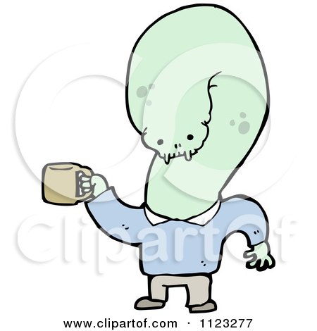 Fantasy Cartoon Of A Green Ghost Holding A Coffee Cup - Royalty Free Vector Clipart by lineartestpilot
