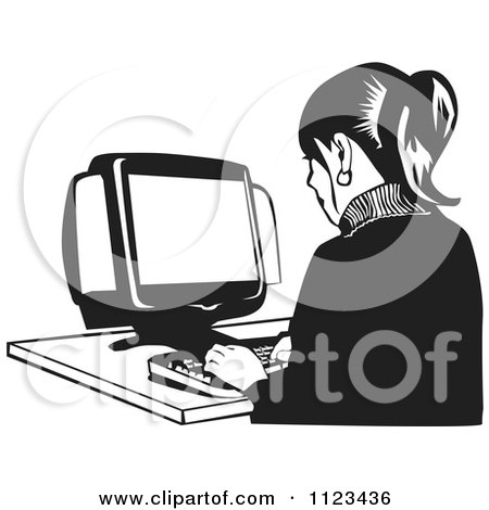 Clipart Of A Black And White Office Worker Woman Typing On A Desktop Computer - Royalty Free Vector Illustration by David Rey