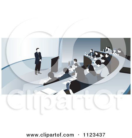 Clipart Of A Professor Teaching In A College Classroom With Students Taking Notes - Royalty Free Vector Illustration by David Rey