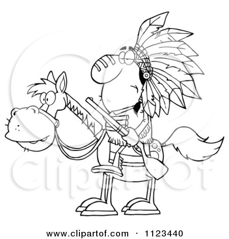 Cartoon Of An Outlined Native American Indian Chief On Horseback With A Rifle - Royalty Free Vector Clipart by Hit Toon