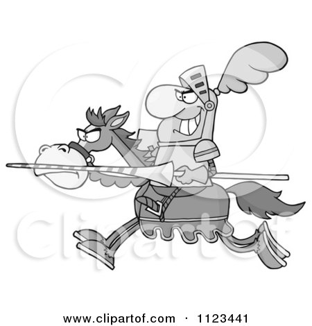 Cartoon Of A Grayscale Charging Jousting Knight Holding A Lance - Royalty Free Vector Clipart by Hit Toon