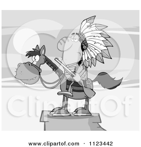 Cartoon Of A Grayscale Native American Indian Chief On Horseback With A Rifle On A Cliff - Royalty Free Vector Clipart by Hit Toon