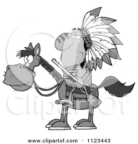 Cartoon Of A Grayscale Native American Indian Chief On Horseback With A Rifle - Royalty Free Vector Clipart by Hit Toon