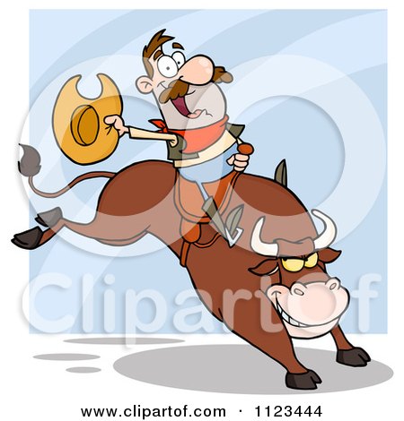 Cartoon Of A Happy Rodeo Cowboy On A Bucking Bull - Royalty Free Vector Clipart by Hit Toon