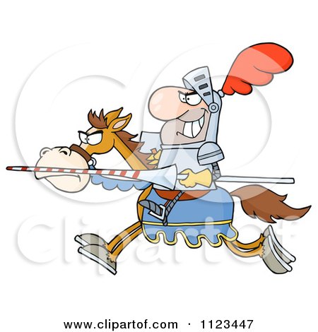 Cartoon Of A Charging Jousting Knight Holding A Lance - Royalty Free Vector Clipart by Hit Toon