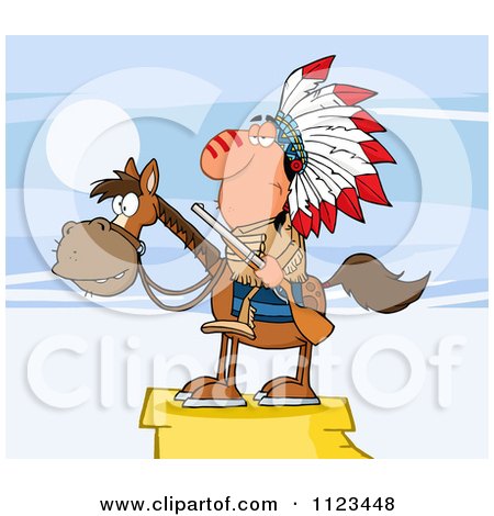 Cartoon Of A Native American Indian Chief On Horseback With A Rifle On A Cliff - Royalty Free Vector Clipart by Hit Toon