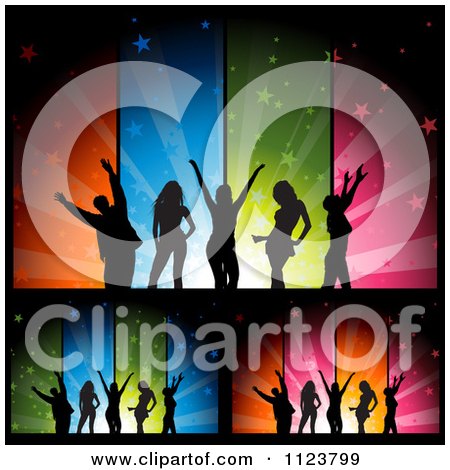 Clipart Of Silhouetted Dancers Over Colorful Star Burst Banners - Royalty Free Vector Illustration by dero