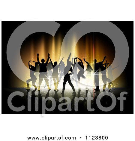 Clipart Of Silhouetted Dancers Over Gold Lights - Royalty Free Vector Illustration by dero