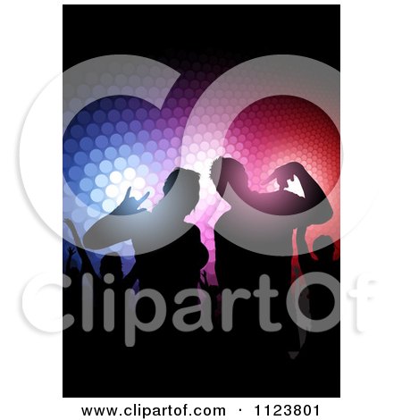 Clipart Of Silhouetted Party People Dancing Over Colorful Lights - Royalty Free Vector Illustration by dero