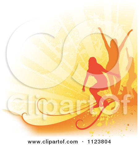 Clipart Of Orange Silhouetted Woman Dancing On Rays And Grunge - Royalty Free Vector Illustration by dero