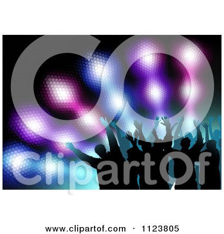 Clipart Of Silhouetted Men Waving Their Arms Over Colorful Lights - Royalty Free Vector Illustration by dero