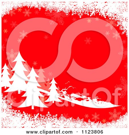 Clipart Of A Red Winter Evergreen Christmas Background With Snowflakes - Royalty Free Vector Illustration by dero