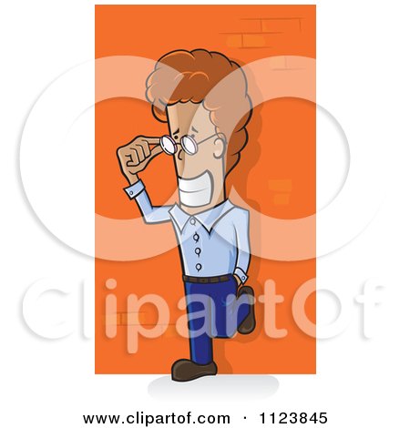Cartoon Of A Weird Playboy Looking Over His Glasses And Leaning Against A Brick Wall - Royalty Free Vector Clipart by Paulo Resende