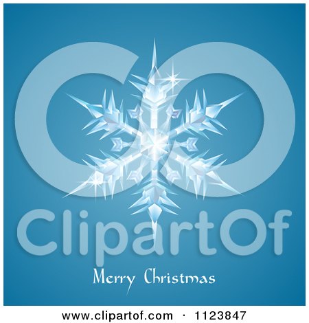 Clipart Of An Icy Snowflake Over Merry Christmas Text On Blue - Royalty Free Vector Illustration by AtStockIllustration
