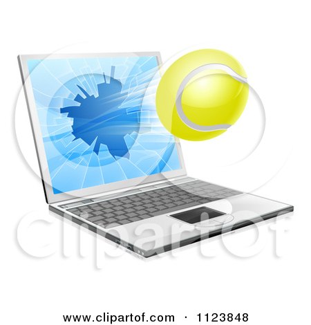 Clipart Of A Tennis Ball Flying Through And Shattering A 3d Laptop Screen - Royalty Free Vector Illustration by AtStockIllustration