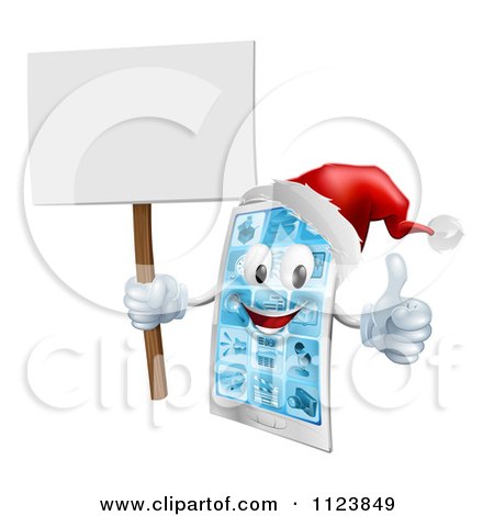Clipart Of A 3d Happy Christmas Cell Phone Mascot Holding A Sign Thumb Up And Wearing A Santa Hat - Royalty Free Vector Illustration by AtStockIllustration