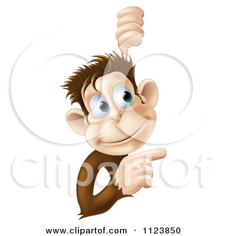 Clipart Of A Happy Monkey Pointing To A Sign - Royalty Free Vector Illustration by AtStockIllustration