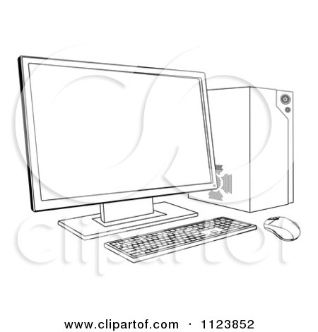 Clipart Of An Outlined Desktop Computer Work Station - Royalty Free Vector Illustration by AtStockIllustration