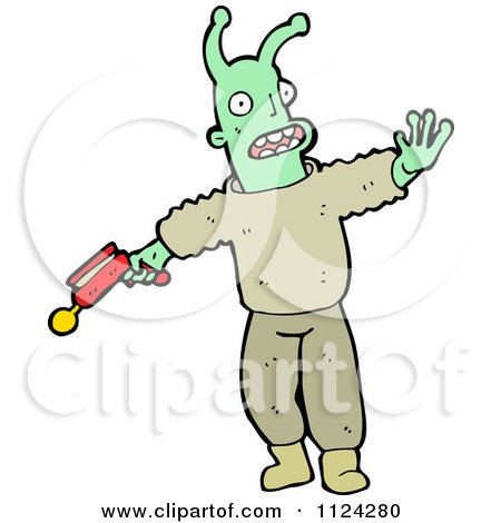 Fantasy Cartoon Of A Green Alien Or Monster With A Ray Gun - Royalty Free Vector Clipart by lineartestpilot